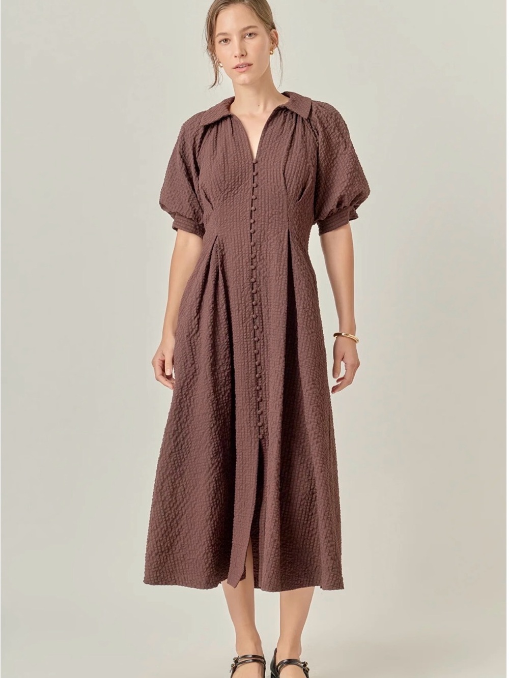 English Factory Brown Textured Button-Front Midi Dress